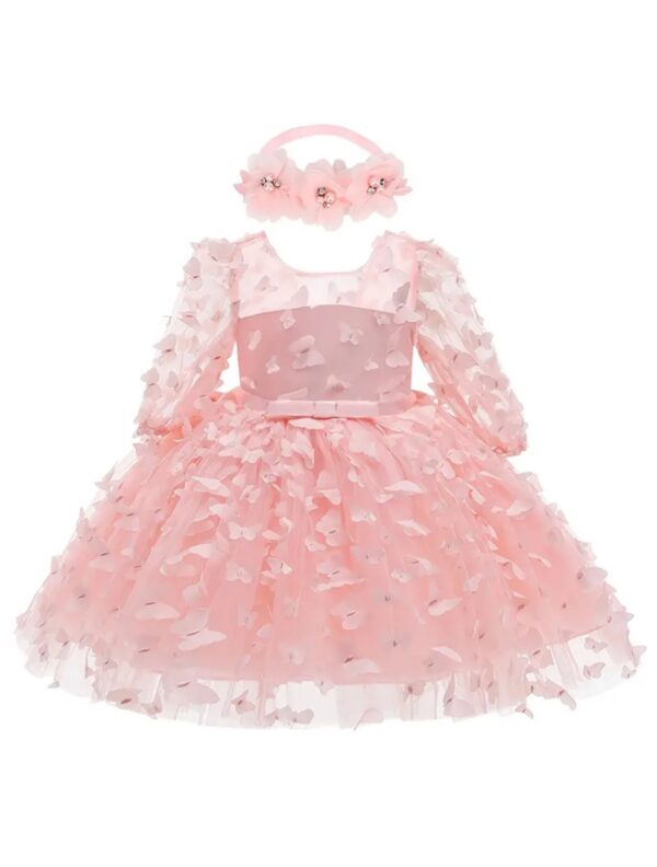 Butterfly Mesh Long Sleeve Princess Dress with Headband